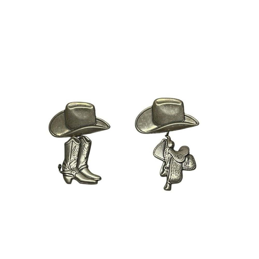 Cowboy Hat Saddle Boots Silver tone Metal Earrings Dangle Drop Southwestern